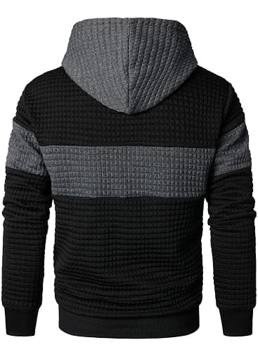 Qichic Men’s Sweatshirts Long Sleeve Pullover Patchwork Plaid Jacquard Hoodie Casual Drawstring Hoody Top thumbnail 3