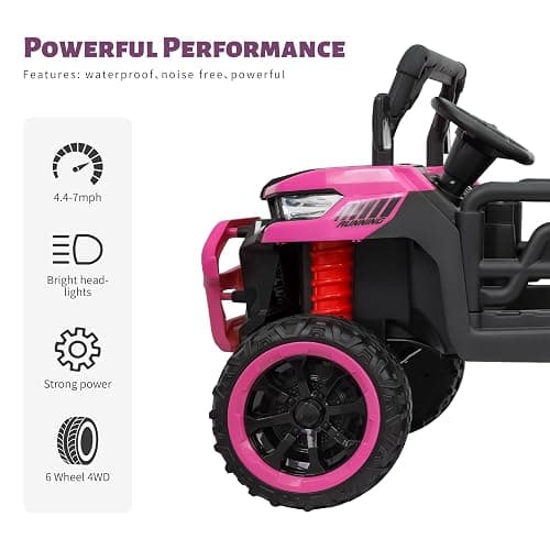 TCARAIWEN 24V Ride On 2 Seater Dump Truck with Remote Control, 6x6 Electric UTV Car with Electric Dump Bed, 2 Speed 4WD Power Ride Cars 6x6 Wheels Music, Storage Trunk, Shovel for Boys Girls, Pink thumbnail 4