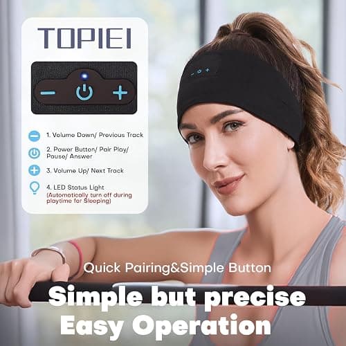 TOPIEI Sleep Headphones Bluetooth Headband for Side Sleeper, 17 Hours Playtime, Wireless Headband Headphones with HD Stereo Speakers for Workout,Running,Yoga, Ideal Gifts for Men, Women, Teens, Black thumbnail 4