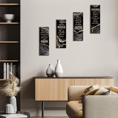 Honoson 4 Pcs Black and Gold Bathroom Decor Inspirational Quote Wooden Sign with Grind Hustle Execute Success Gold Art Signs Bathroom Hanging Accessories for Bedroom Living Room Kitchen(11.8 x 4 Inch) thumbnail 6