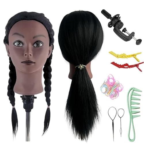Yiifiulyn Black Mannequin Head with Hair for Braiding, Cosmetology Training Doll Head for Styling Practice - 21 Inches Layered Pre-streched Hair Manneuiqn Head with Stand thumbnail 3