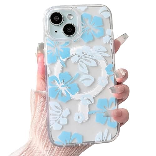 NITITOP Compatible with iPhone 15 Case Clear Magnetic Compatible with MagSafe Cute Hibiscus Flowers Floral for Women Girls Floral Hard PC Back Shockproof Protective Phone Cover - Blue - Image 1