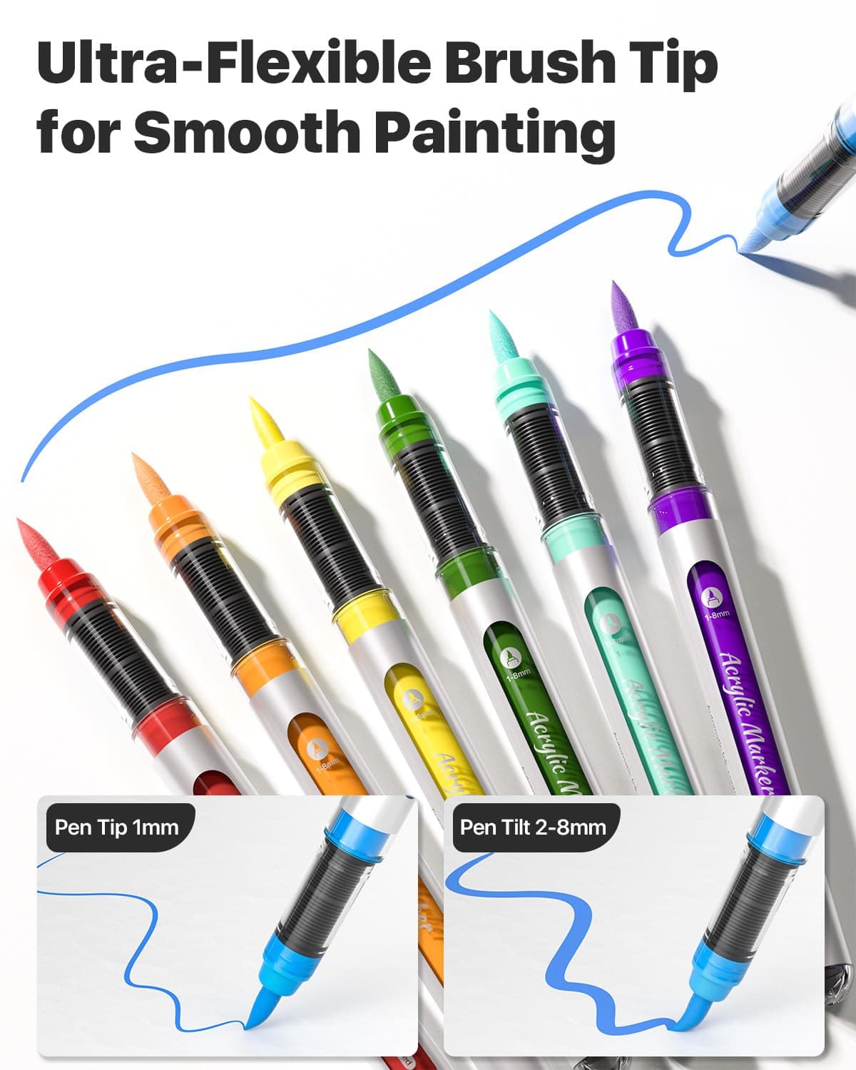 JusArt 30 Colors Acrylic Paint Markers Brush Tip, Water Based Acrylic Markers with Automatic Ink Control System, Waterproof Acrylic Paint Pens for Rock Painting, Wood, Fabric, Egg thumbnail 2