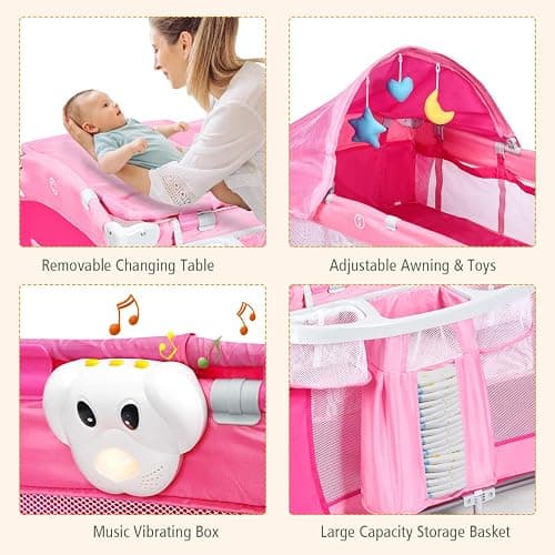 Costzon 4 in 1 Pink Pack and Play with Bassinet, Portable Baby Playard with Adjustable Canopy, Side Zipper Entrance, Music Box, Wheels/Brake, Foldable Infant Pink Bassinet for Baby Girl Toddlers thumbnail 4