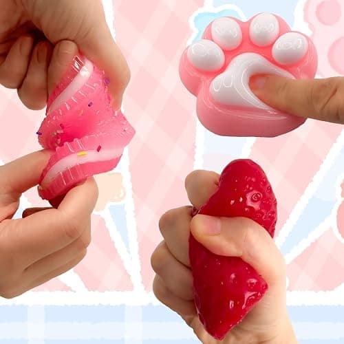 Taba Squishy Toy Set, Sensory Squeeze Fidget Toys for Stress Relief and Anxiety, Cute Party Favors and Gift Ideas, Includes Banana Strawberry Cat Paw and Cookie thumbnail 2