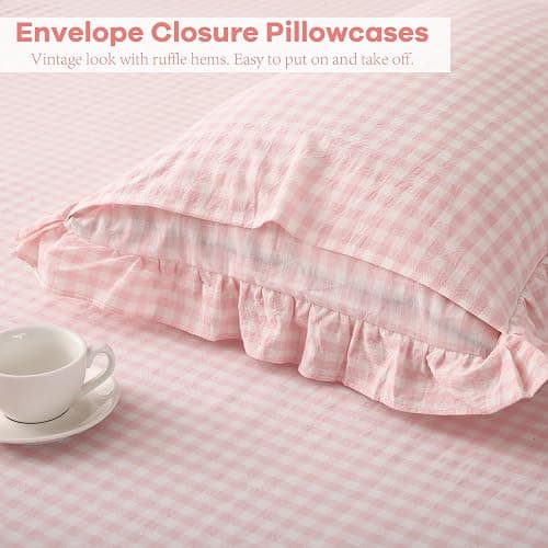 K MASANIJI Peach Blush White Plaid Ruffle Gingham Sheets Twin XL Size 4-Piece Set, 300TC 100% Yarn Dyed Linen Feel Cotton Sheets 18 in Deep Pocket Kids Preppy Bedding (Blush/White Plaid, Twin XL) thumbnail 6