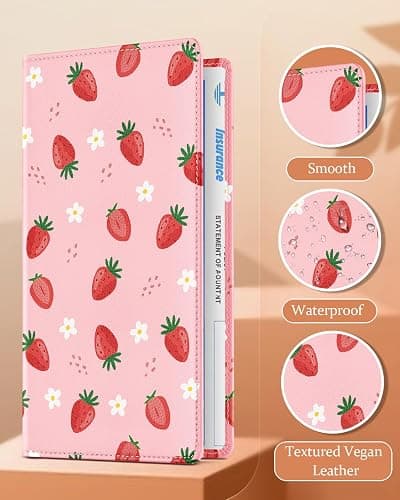 Slohif Car Registration and Insurance Card Holder with Magnetic Shut - Vehicle Glove Box Organizer Women Leather Automobile License Holders Coasters Auto Accessories Case for Document,Strawberry thumbnail 3