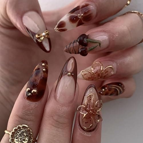 Cherry Press on Nails Almond Medium Fake Nails 3D Brown Flower False Nail Designs Leopard Print French Tip Artificial Nails Full Cover Handmade Acrylic Stick on Nail for Women 24 Pcs - Image 1