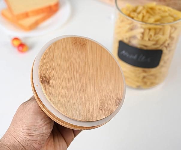 Le'raze 1 Gallon Glass Canister Set for Kitchen Counter with Airtight Bamboo Lids + Marker & Labels - of 2 Large Cookie Jars Wooden Lid, Food Storage Containers Pantry, Flour, Sugar, Pasta, Candy, thumbnail 8