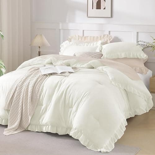 Andency Ivory Comforters Queen Size, 3 Pieces Solid Shabby Chic Farmhouse Bedding Comforters & Sets, Lightweight Fluffy All Season Soft Down Alternative Bed Set for Women Men - Image 1
