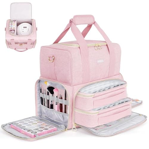 Nail Polish Organizer Holds 80 Bottles and a Nail Lamp,Nail Polish Carrying Case with 2 Removable Bags,Nail Organizers and Storage for Nail Tech,Portable Nail Polish Holder for Nail Supplies,Pink - Image 1