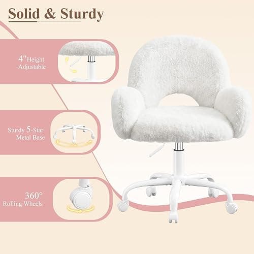 Homkdom Vanity Chair with Round Hollow Back & Arms,Height Adjustable | Faux Rabbit Fur, Swivel Cute Makeup Chair, Padded Seat, for Bedroom Dorm, Rolling Casters,White thumbnail 5