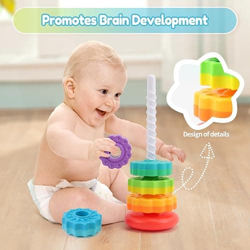 Riuja Baby Spinning Stacking Toys, 1-3 Rainbow Ring Stacker Montessori Toys for Babies, Sensory Toys for Toddlers, Christmas and Birthday Gifts Suitable for Boys and Girls (14 inches) thumbnail 4