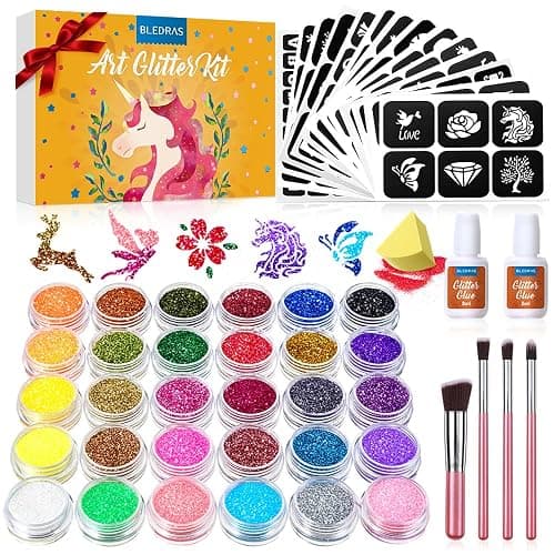 Glitter Tattoo Kit, Bledras 30 Colors Temporary Tattoo Set for Girls, 147 Stencils, 4 Brushes, 2 Glue, Glitter Tattoos for Kids or Adults, for Girls Boys, Carnival Birthday Festival Party - Image 1