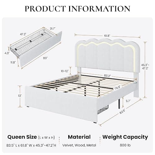 SHA CERLIN Upholstered Queen Size Bed Frame with LED Lights and Large Storage Drawer, Velvet Platform Bed with Adjustable Wavy Headboard, Noise Free, Easy Assembly, No Box Spring Needed, Soft White thumbnail 2