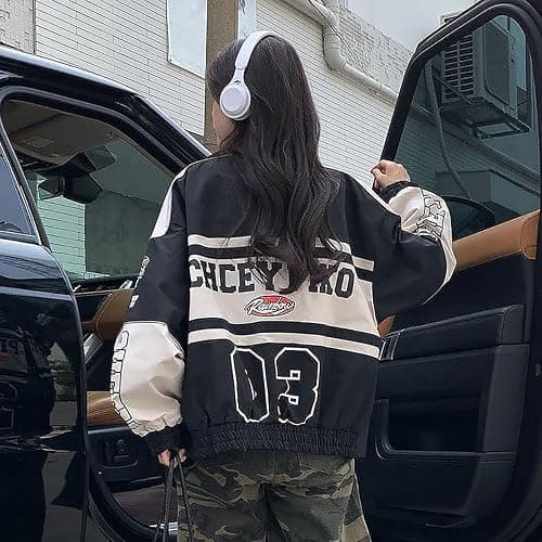 POHADON Varsity Jacket For Women Patchwork Long Sleeve Racing Bomber Letterman Jackets Color Block Y2k Vintage Streetwear - Small - Black thumbnail 8