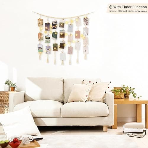 Mkono Macrame Hanging Photo Display Wall Decor with String Lights, Boho Wooden Beads Garland Collage Picture Card Frame Holder with 45 Clips for Bedroom Living Room Dorm, Teen Girls Christmas Gifts thumbnail 4