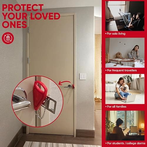 Portable Door Lock Extra Security Essential Safety & Privacy Travel Lockdown, Prevent Entry Stopper, Protect Family While Traveling Home Bedroom Hotel Apartment College (1 Red) thumbnail 7