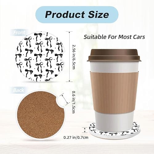Black Bow Car Coasters for Cup Holders,2 Pack Car Cup Holder Coasters for Car,Ceramic Absorbent Car Coaster with A Finger Notch and Cork Base,Car Interior Accessories for Women Men thumbnail 2