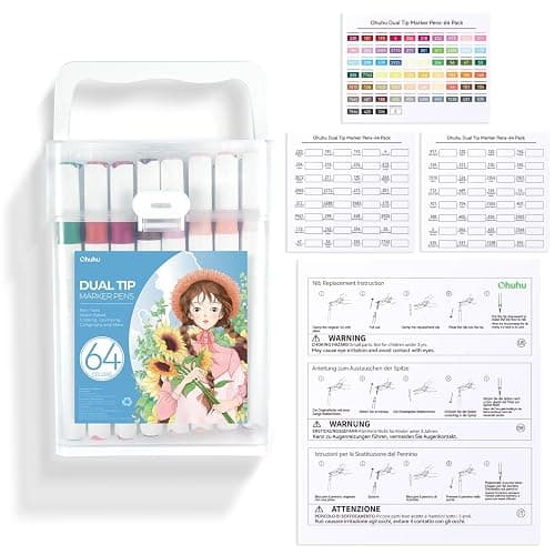 Ohuhu Marker Pens Water-Based, 64 Colours Dual Tip Art Markers Brush Pens for Adults Colouring Pens for Anime Manga Design, Calligraphy, Drawing, and Illustration, Odourless and Washable - 64 thumbnail 12
