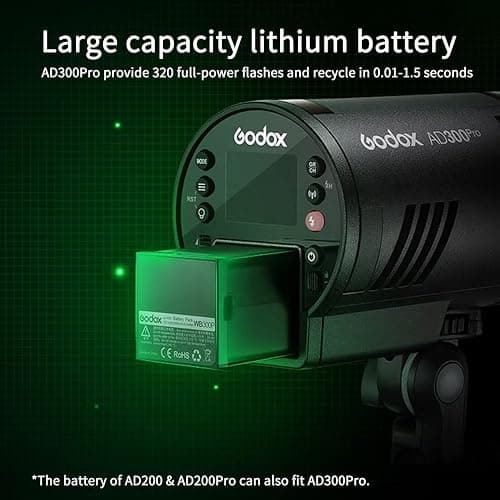 Godox AD300 Pro AD300Pro Outdoor Flash Strobe, Portable 300Ws 2.4G TTL 1/8000 HSS Monolight, 0.01-1.5s Recycle, 320 Full Power Flashes, 12W Modeling Lamp, GODOX AD 300 Pro with Rechargeable Battery thumbnail 3
