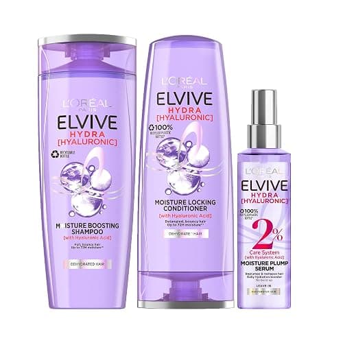 L'Oreal Paris Elvive Hydra Hyaluronic Shampoo, Conditioner and Serum Set with Hyaluronic Acid, Hair Care Treatment with Anti Frizz Spray for Dry Hair, Shampoo 500ml, Conditioner 400ml, Serum 150ml - Image 1
