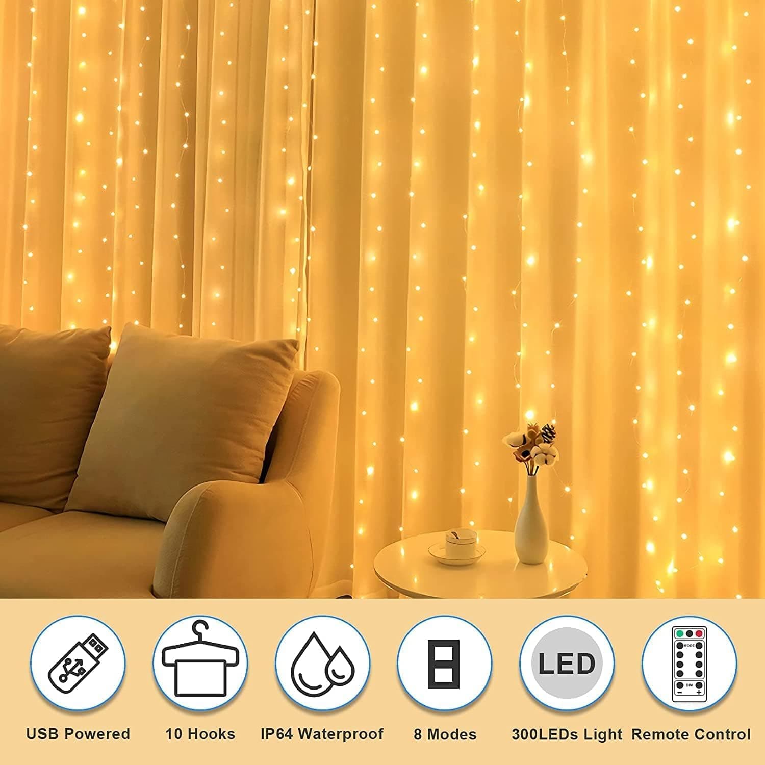 Fairy Curtain Lights, AmazerTec 300 LED Window Curtain String Light Wedding Party Home Garden Bedroom Outdoor Indoor Wall Decorations (Warm White) thumbnail 2