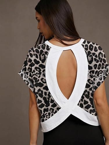 SweatyRocks Women's Casual Oversized Cut Out Open Back Workout Gym Tops | Cheetah Print Short Sleeve Backless Athletic T Shirts thumbnail 2