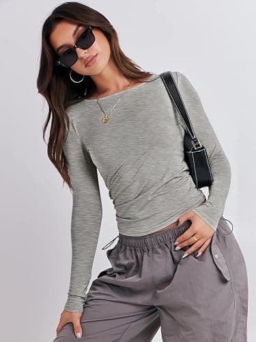 ANRABESS Women’s Long Sleeve Shirts Tight Fitted Going Out Crop Tops Crewneck Basic Tee Y2k Outfits Teens Girls Clothes thumbnail 4