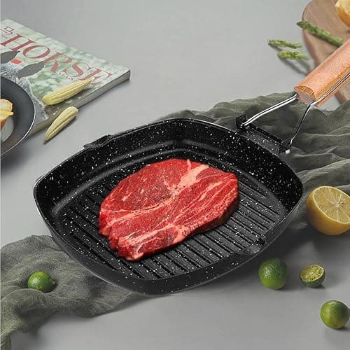 MasonOL20 Non-stick Grill Pan with Folding Handle for Meat, Fish and Vegetables For All Heat Sources 24cm/9.4IN for Stove Tops, Induction, Black thumbnail 5