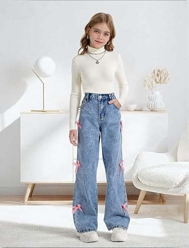 Peakpride Baggy Jeans for Girls Wide Leg High Elastic Waisted Cute Bow Denim Y2k Pant Trendy Boyfriend Skater Streetwear thumbnail 7