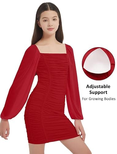 EXARUS Girls Padded Dress Tween Long Sleeve/Spaghetti Strap Bodycon Teen Formal Dance Ruched Easter Dresses Mini 8-14Y thumbnail 3