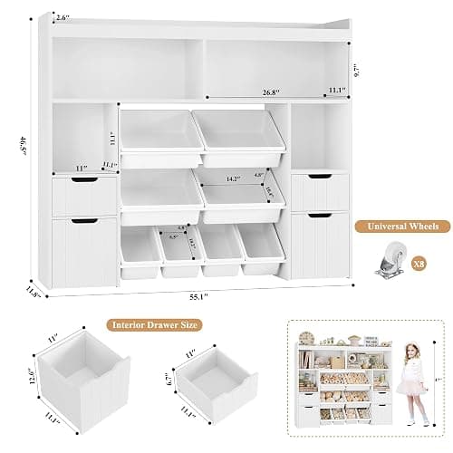 HORSTORS 55" W Toy Storage Organizer with Drawers, Large Kids Toy Storage Box with Removable Bins, Tall Kids Bookshelf and Bookcase for Boys and Girls, Modern Toy Chest for Playroom, Classroom, White thumbnail 3