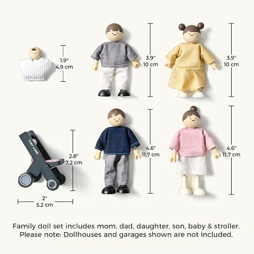 Tiny Land Wooden Dollhouse People Set, 5-Piece Poseable Wooden Doll Family with Dad, Mom, Brother, Sister, Baby and Stroller, Dollhouse Accessories Toy Pretend Play Gift for Kids Ages 3+ thumbnail 2