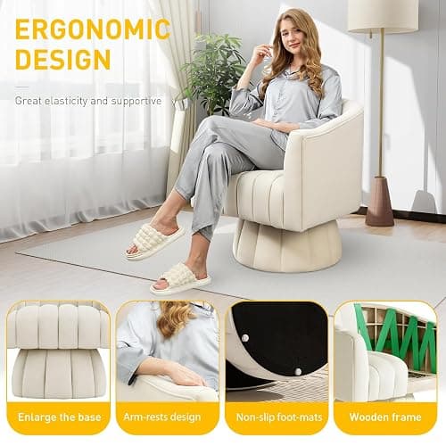 Dewhut Accent Chair Mid Century 360 Degree Swivel Chair,Modern Lounge Sofa Round Barrel Chair with Wide Upholstered,Fluffy Velvet Fabric Chairs for Home Sofa Living Room/Bedroom/Waiting Room (Beige) thumbnail 6