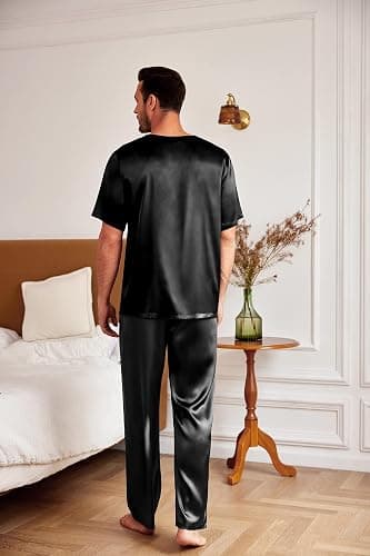 Ekouaer Mens Silk Pajama Set Short Sleeve Sleepwear Satin Pj with Long Pant | Loungewear,Breathable Nightwear,Soft Bottoms,Drawstring,Pocket,Matching Sets,Summer,Fall,Winter,Men's Gift,Vacation Outfit thumbnail 4