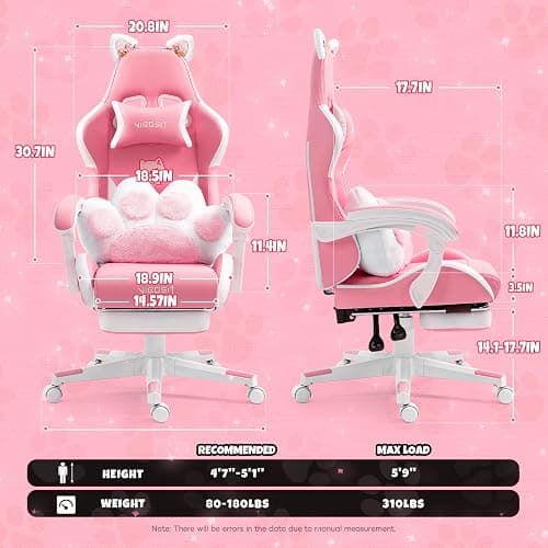 Vigosit Cat Ears PU Leather Gaming Chair Ergonomic Adjustable Office Desk Computer Chairs for Gamers Adults Kids 360 Degree Swivel Recliner 45in Height, Pink thumbnail 2