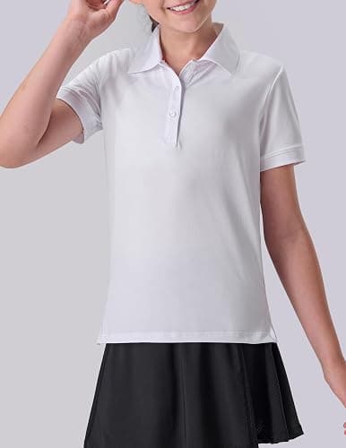 3 Pack Youth Girls' Performance Polo Shirts, Short Sleeve Pique Collared Kids School Uniform Tops - Pink/Black/White - Large thumbnail 5