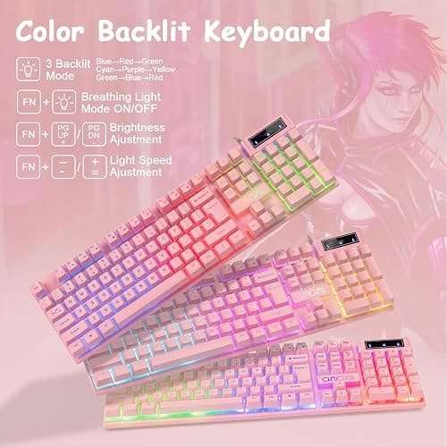CHONCHOW Pink Gaming Keyboard and Mouse Combo with LED, 104 Keys Wired Light Up Pink Keyboard and Cute Mouse Set for PC Laptop Computer PS4 Xbox, 19 Keys Anti-ghosting, Multimedia Keys, Number Pad thumbnail 2