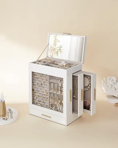 SONGMICS Jewelry Box with Glass Window, 5-Layer Jewelry Organizer with 3 Side Drawers, Jewelry Storage, with Big Mirror, Modern, 6.1 x 10.3 x 12.6 Inches, Cloud White and Metallic Gold UJBC162W01 thumbnail 9