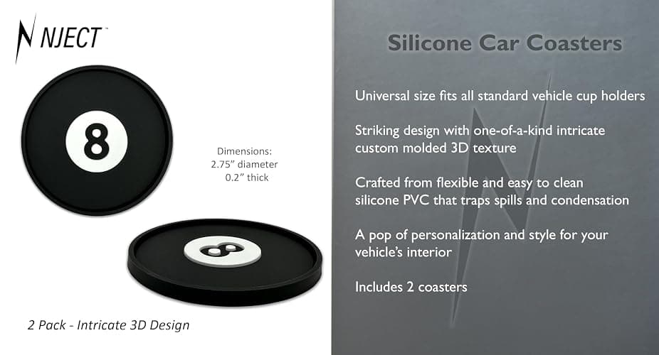 NJECT Magic 8 Black Billard Ball Automotive 3D Textured Silicone Coasters (2.6" Diameter) | Universal Fit for All Cars, Trucks, SUVs & More | Non-Slip Durable | Set of 2 thumbnail 3