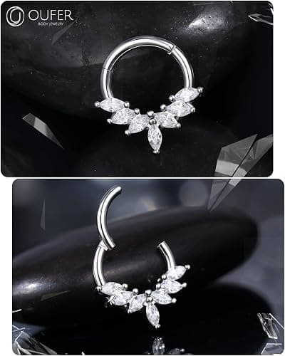 OUFER 16G Septum Rings Hoops, 316L Stainless Steel Septum Piercing Jewelry, Paved Shiny Clear CZ Cartilage Earrings, Helix Conch Daith Piercing Jewelry for Women and Men thumbnail 5
