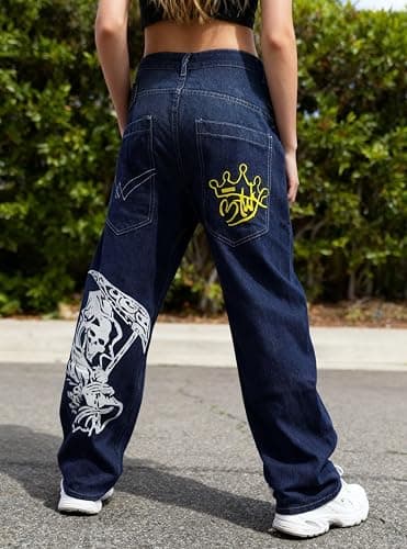Unisex Y2K Hip Hop Street Jeans with Skeleton Print, Gothic Baggy Jeans, Vintage High Waist Denim, Wide Leg Pants thumbnail 4