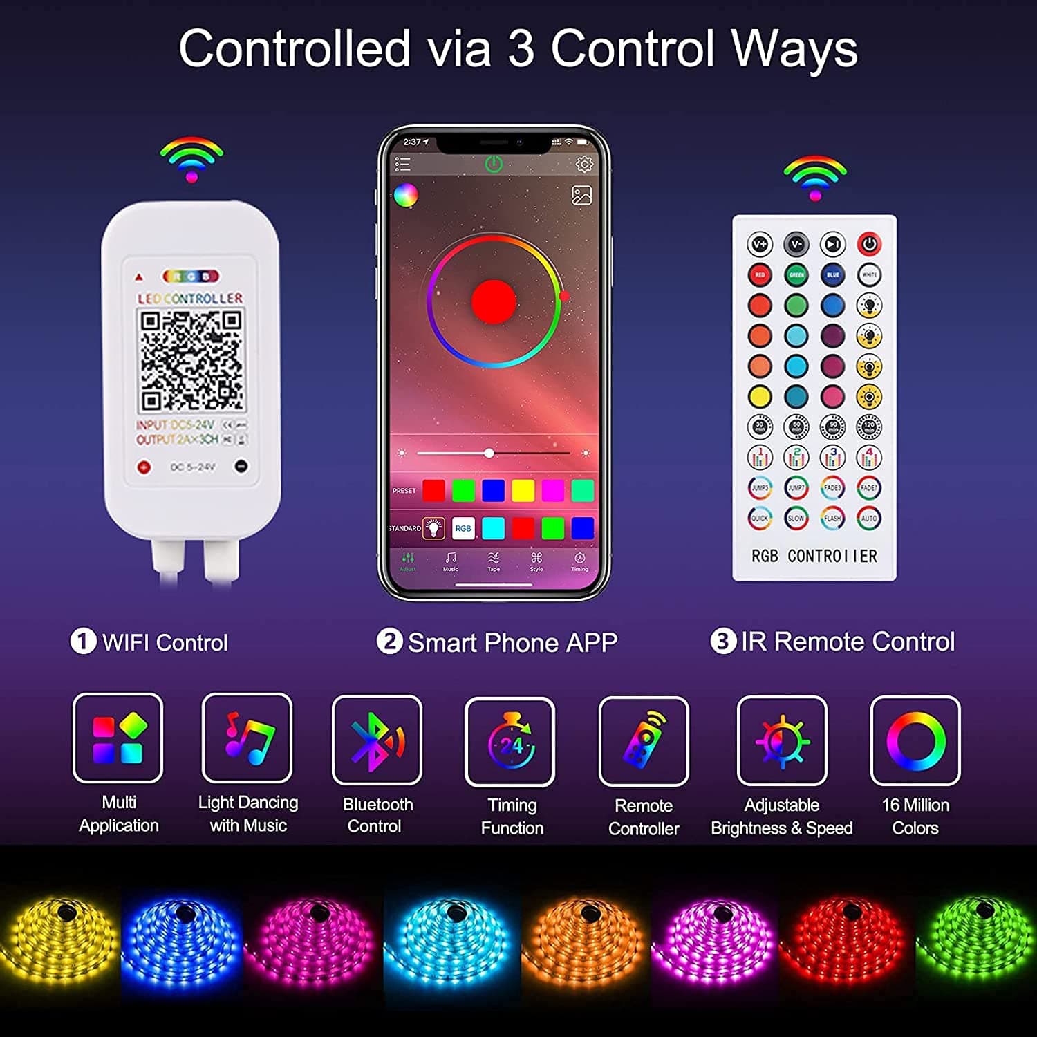 Bluetooth LED Strips Lights, ALED LIGHT 5050 RGB 2x5 Meters LED Strip Lights 12V Waterproof Light Band Controlled by Remote Control 40K or Smart Phone for Home, Outdoors and Decoration thumbnail 2