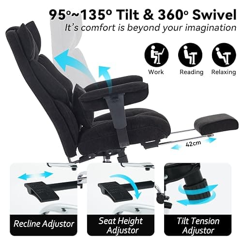 Efomao Executive Office Chair, Soft-Cushioned Computer Chair with Foot Rest, Fabric Home Office Desk Chairs, Big and Tall Office Chairs, Black thumbnail 6