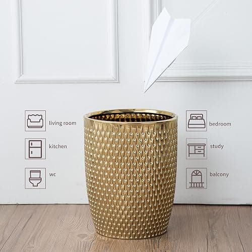 Modern Golden Small Trash Can Wastebasket, Garbage Container Bin for Bathrooms, Powder Rooms, Kitchens, Home Offices - Durable Ceramics - Round thumbnail 2