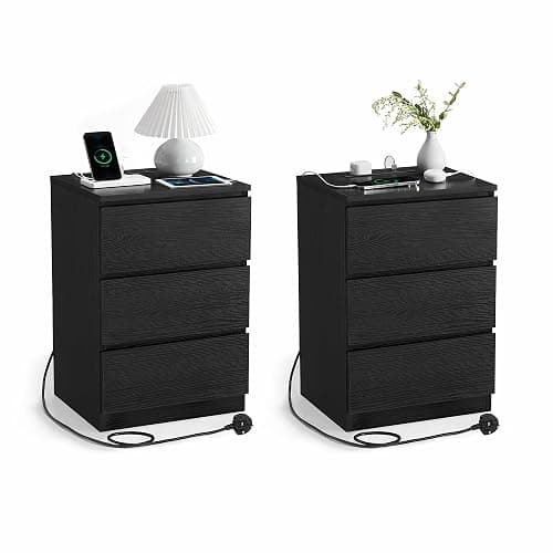 VASAGLE KAILYN Collection - Bedside Tables with Power Strip, Set of 2 Side End Tables with Drawers, 2 AC Outlets, 2 USB Ports, for Living Room, Bedroom, Study, Ebony Black LET831B57 thumbnail 3