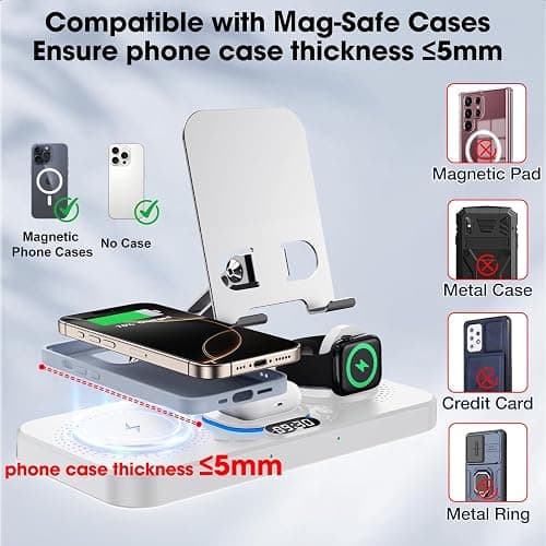 30W Charging Station for Apple Products, Foldable Wireless Charger with Clock Display&7 Color Light, Wired Charging for iPad/Tablet Charging Station for iPhone17, for Apple Watch11 for AirPods4(White thumbnail 5