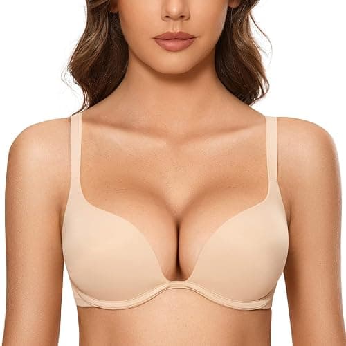 DOBREVA Women's Push Up Bra Plunge Deep V T Shirt Bras Padded Underwire Add One Cup - Image 1