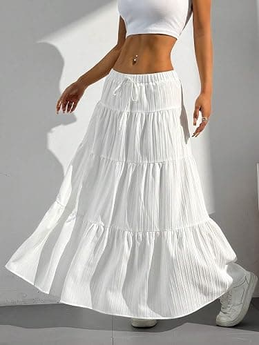 Xuani Maxi Skirt for Women Long Boho Flowy Ruffle Elastic High Waist | Flared, A Line, Decorative Front Tie, Tiered Layer Versatile, Lining, Casual Summer Beach Vacation Outfits, 2026 Spring Fall thumbnail 7